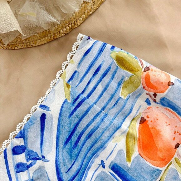 Multicolor Boho Women's Vacation Style Scenery Print Short Cami & Midi Skirt Set - Picture 3 of 6